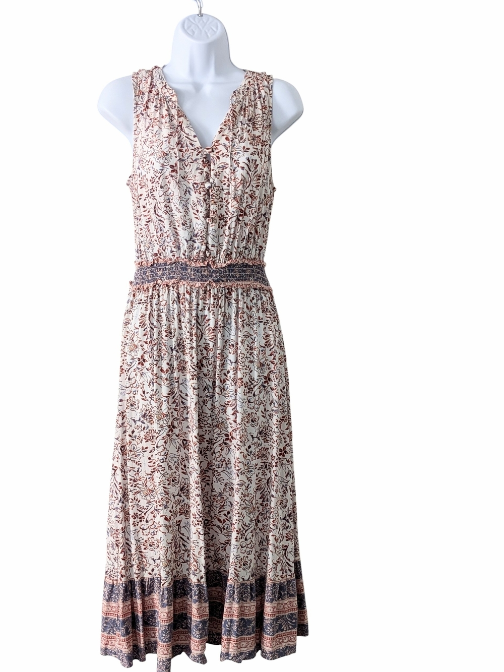 C&C California Sleeveless Smocked Waist Floral Maxi Dress in Cream Rust and Gray